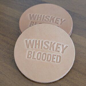 Made in USA Genuine Leather Coaster Set (4) – “Whiskey Blooded” – Tan